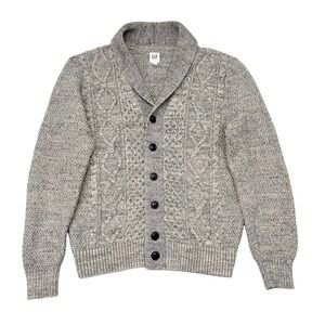 Gap Cardigan Sweater Medium Gray Shawl Collar Cable Knit Fisherman Academia